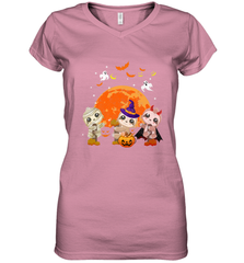 Three Sloths Halloween T shirt Mummy Pumpkin Moon Women's V-Neck T-Shirt Women's V-Neck T-Shirt - HHHstores