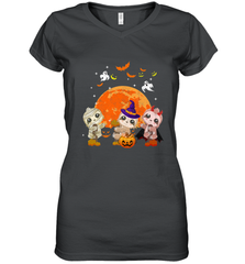 Three Sloths Halloween T shirt Mummy Pumpkin Moon Women's V-Neck T-Shirt Women's V-Neck T-Shirt - HHHstores