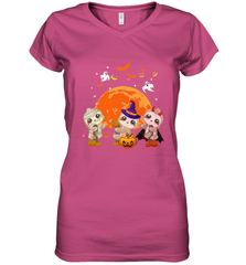Three Sloths Halloween T shirt Mummy Pumpkin Moon Women's V-Neck T-Shirt Women's V-Neck T-Shirt - HHHstores