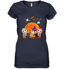 Three Sloths Halloween T shirt Mummy Pumpkin Moon Women's V-Neck T-Shirt Women's V-Neck T-Shirt - HHHstores