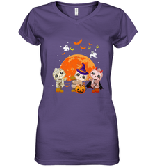Three Sloths Halloween T shirt Mummy Pumpkin Moon Women's V-Neck T-Shirt Women's V-Neck T-Shirt - HHHstores