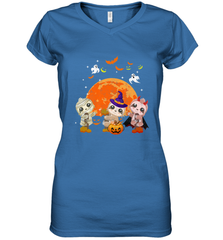 Three Sloths Halloween T shirt Mummy Pumpkin Moon Women's V-Neck T-Shirt Women's V-Neck T-Shirt - HHHstores