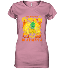 In A World Of Pumpkin Be A Pineapple Skull Halloween Funny Women's V-Neck T-Shirt Women's V-Neck T-Shirt - HHHstores