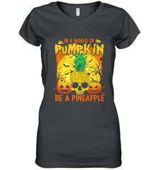 In A World Of Pumpkin Be A Pineapple Skull Halloween Funny Women's V-Neck T-Shirt Women's V-Neck T-Shirt - HHHstores