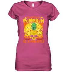 In A World Of Pumpkin Be A Pineapple Skull Halloween Funny Women's V-Neck T-Shirt Women's V-Neck T-Shirt - HHHstores