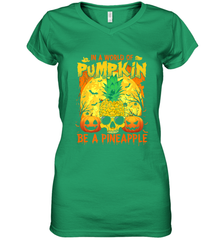 In A World Of Pumpkin Be A Pineapple Skull Halloween Funny Women's V-Neck T-Shirt Women's V-Neck T-Shirt - HHHstores