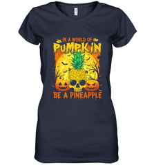 In A World Of Pumpkin Be A Pineapple Skull Halloween Funny Women's V-Neck T-Shirt Women's V-Neck T-Shirt - HHHstores