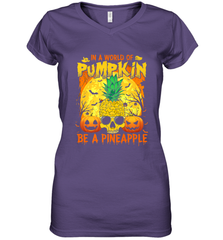 In A World Of Pumpkin Be A Pineapple Skull Halloween Funny Women's V-Neck T-Shirt Women's V-Neck T-Shirt - HHHstores