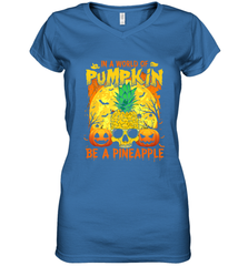 In A World Of Pumpkin Be A Pineapple Skull Halloween Funny Women's V-Neck T-Shirt Women's V-Neck T-Shirt - HHHstores