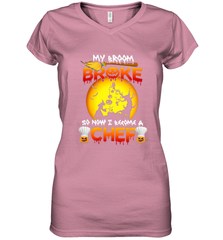 Womens My Broom Broke So Now I Become A Chef Halloween Witch Women's V-Neck T-Shirt Women's V-Neck T-Shirt - HHHstores