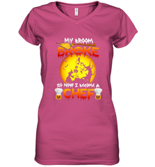 Womens My Broom Broke So Now I Become A Chef Halloween Witch Women's V-Neck T-Shirt Women's V-Neck T-Shirt - HHHstores
