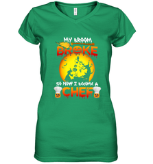 Womens My Broom Broke So Now I Become A Chef Halloween Witch Women's V-Neck T-Shirt Women's V-Neck T-Shirt - HHHstores