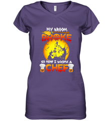 Womens My Broom Broke So Now I Become A Chef Halloween Witch Women's V-Neck T-Shirt Women's V-Neck T-Shirt - HHHstores