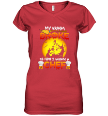Womens My Broom Broke So Now I Become A Chef Halloween Witch Women's V-Neck T-Shirt Women's V-Neck T-Shirt - HHHstores