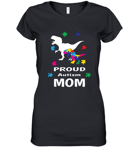Proud Autism Mom T Rex Dinosaur Autism Awareness Women's V-Neck T-Shirt Women's V-Neck T-Shirt / Black / S Women's V-Neck T-Shirt - HHHstores