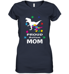 Proud Autism Mom T Rex Dinosaur Autism Awareness Women's V-Neck T-Shirt Women's V-Neck T-Shirt - HHHstores