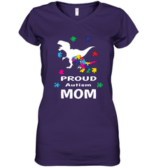 Proud Autism Mom T Rex Dinosaur Autism Awareness Women's V-Neck T-Shirt Women's V-Neck T-Shirt - HHHstores