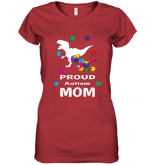Proud Autism Mom T Rex Dinosaur Autism Awareness Women's V-Neck T-Shirt Women's V-Neck T-Shirt - HHHstores