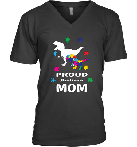 Proud Autism Mom T Rex Dinosaur Autism Awareness Men's V-Neck Men's V-Neck / Black / S Men's V-Neck - HHHstores