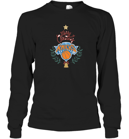 NBA New York Knicks Logo merry Christmas gilf Long Sleeve T-Shirt Long Sleeve T-Shirt / Black / S Long Sleeve T-Shirt - HHHstores