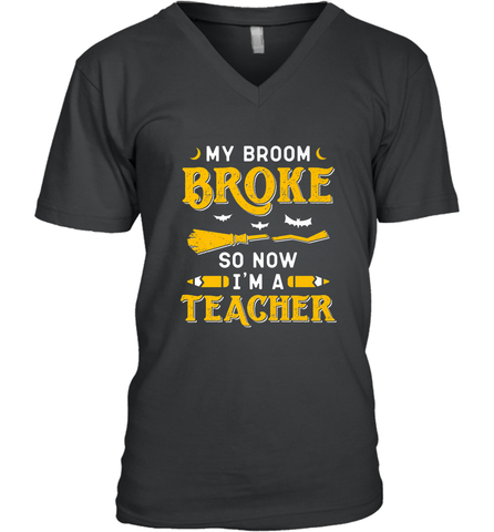 My Broom Broke So Now I'm A Teacher Shirt Funny Halloween Men's V-Neck Men's V-Neck / Black / S Men's V-Neck - HHHstores